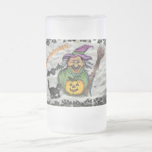 Witch , Cat , Bat and Pumpkin , Happy Halloween ! Frosted Glass Beer Mug