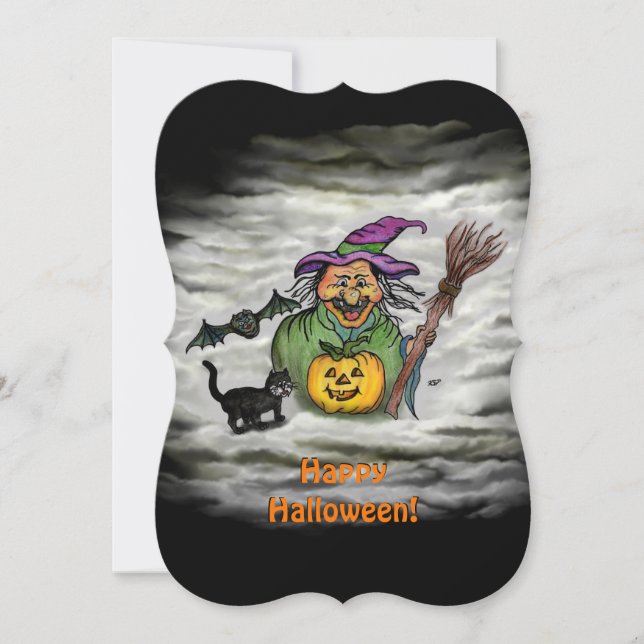 Witch , Cat , Bat and Pumpkin , Happy Halloween ! Invitation (Front)