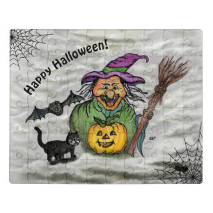 Witch , Cat , Bat and Pumpkin , Happy Halloween ! Jigsaw Puzzle