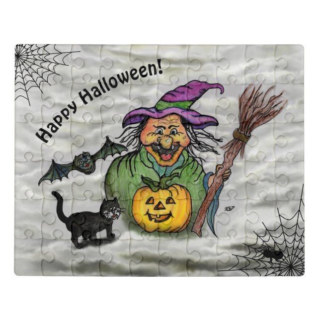 Witch , Cat , Bat and Pumpkin , Happy Halloween ! Jigsaw Puzzle (Puzzle Horizontal)