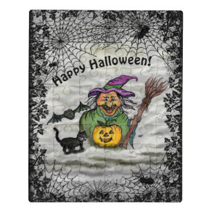Witch , Cat , Bat and Pumpkin , Happy Halloween ! Jigsaw Puzzle