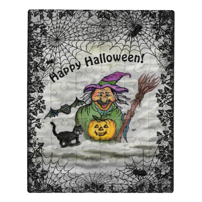 Witch , Cat , Bat and Pumpkin , Happy Halloween ! Jigsaw Puzzle (Puzzle Vertical)