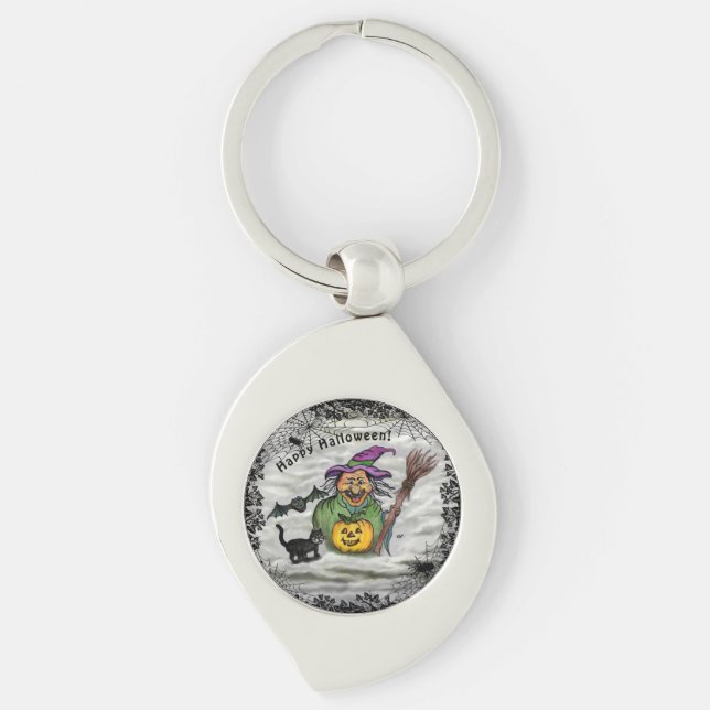 Witch , Cat , Bat and Pumpkin , Happy Halloween ! Keychain (Front)