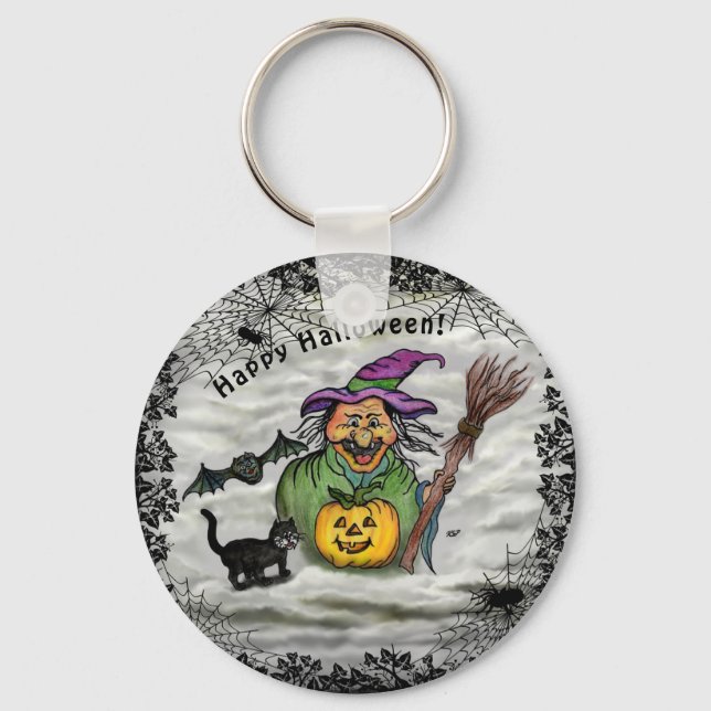 Witch , Cat , Bat and Pumpkin , Happy Halloween ! Keychain (Front)