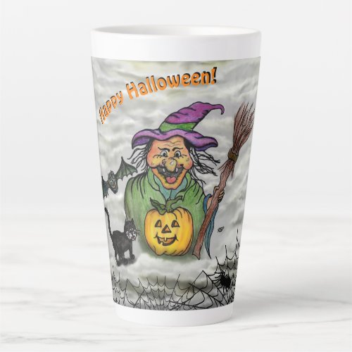Witch  Cat  Bat and Pumpkin  Happy Halloween  Latte Mug