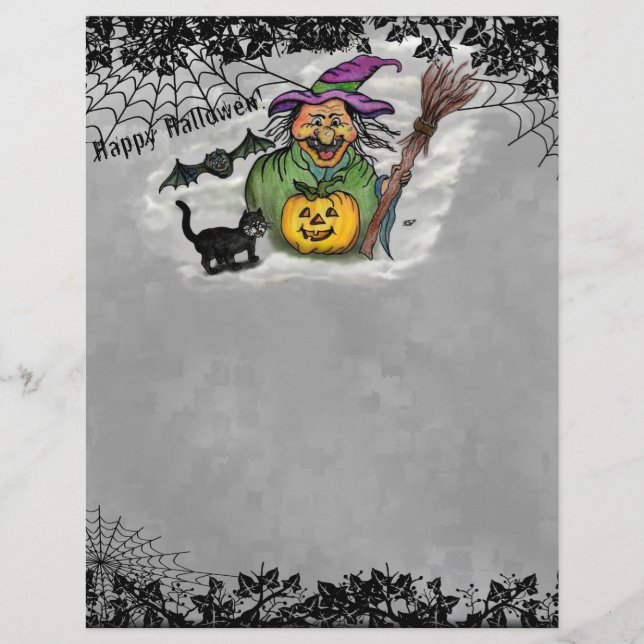 Witch , Cat , Bat and Pumpkin , Happy Halloween ! Letterhead (Front)