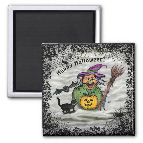 Witch  Cat  Bat and Pumpkin  Happy Halloween  Magnet