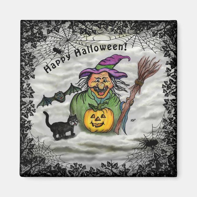 Witch , Cat , Bat and Pumpkin , Happy Halloween ! Magnet (Front)