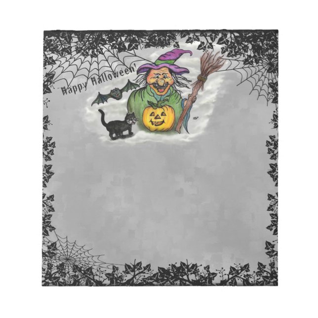 Witch , Cat , Bat and Pumpkin , Happy Halloween ! Notepad (Front)