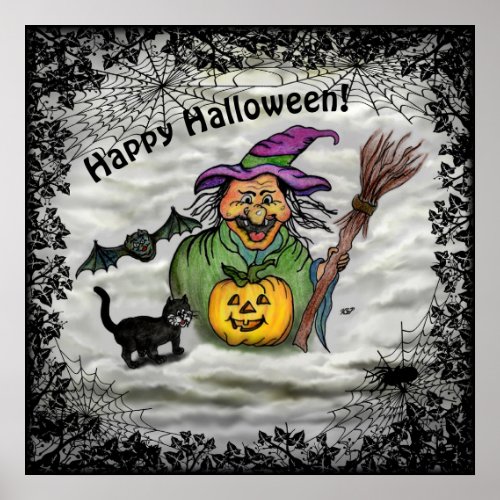 Witch  Cat  Bat and Pumpkin  Happy Halloween  Poster