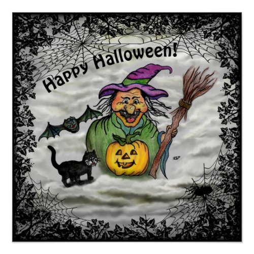 Witch  Cat  Bat and Pumpkin  Happy Halloween  Poster