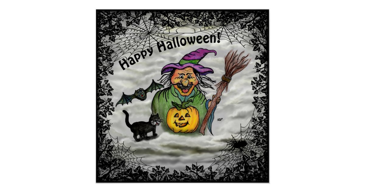 Witch , Cat , Bat and Pumpkin , Happy Halloween ! Poster | Zazzle