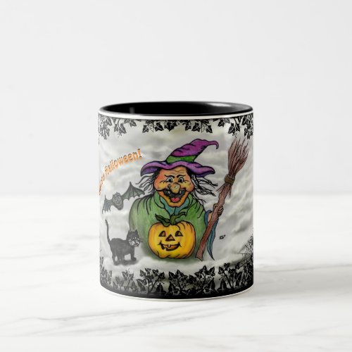 Witch  Cat  Bat and Pumpkin  Happy Halloween  Two_Tone Coffee Mug