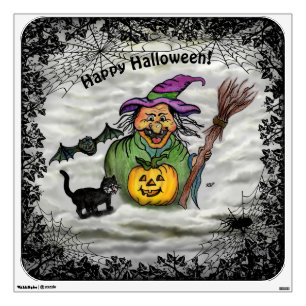 Witch , Cat , Bat and Pumpkin , Happy Halloween ! Wall Decal