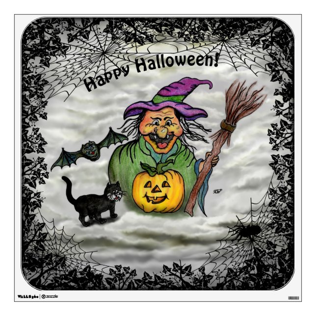 Witch , Cat , Bat and Pumpkin , Happy Halloween ! Wall Decal (Front)