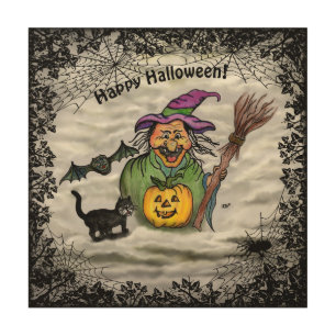 Witch , Cat , Bat and Pumpkin , Happy Halloween ! Wood Wall Art