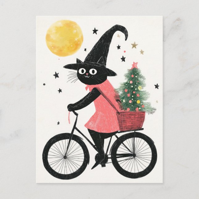 Witch Cat Cycling with Xmas Tree Quirky Christmas Postcard (Front)