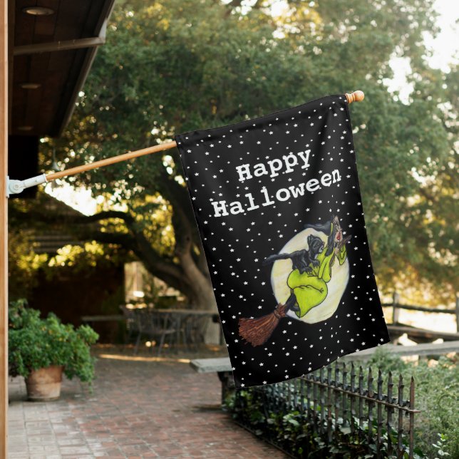 Witch Cat Flying Past Moon on Broom Stars Black House Flag (In SItu)