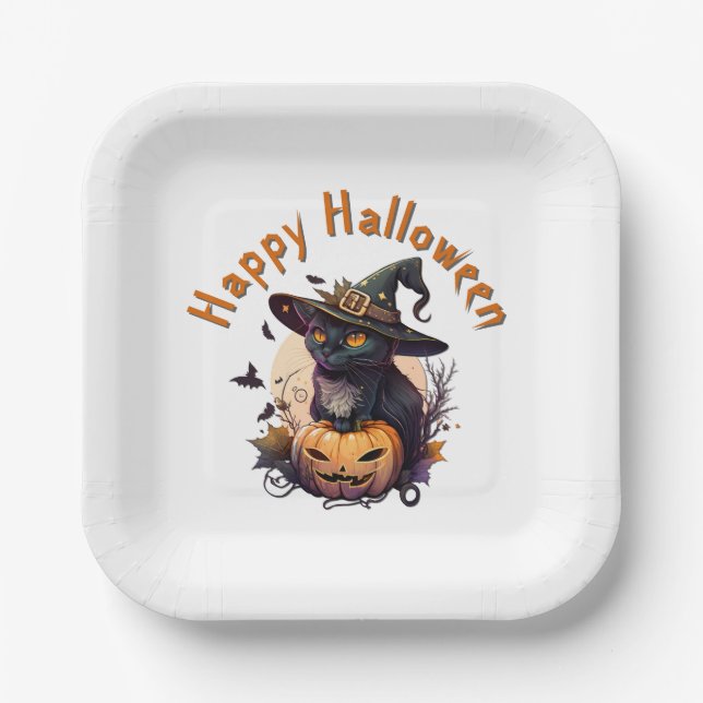 Witch Cat for Happy Halloween  Paper Plates (Front)