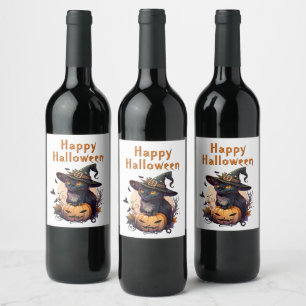 Witch Cat for Happy Halloween  Wine Label