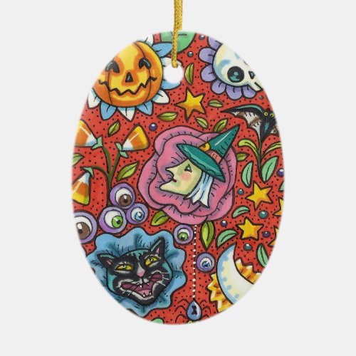 WITCH CAT GHOST COLORFUL HALLOWEEN FOLK GARDEN CERAMIC ORNAMENT