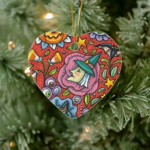 WITCH, CAT, GHOST, COLORFUL HALLOWEEN FOLK GARDEN CERAMIC ORNAMENT