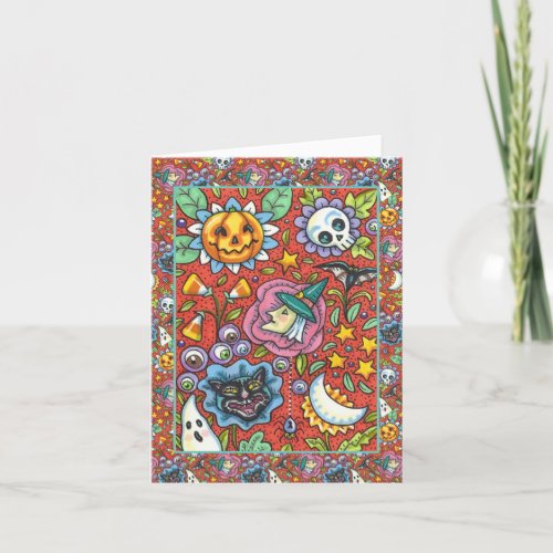 WITCH CAT GHOST COLORFUL HALLOWEEN FOLK GARDEN HOLIDAY CARD