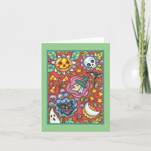 WITCH CAT GHOST COLORFUL HALLOWEEN FOLK GARDEN HOLIDAY CARD