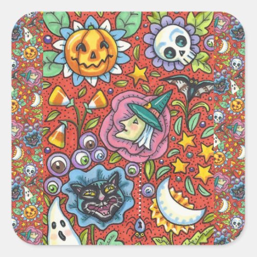 WITCH CAT GHOST COLORFUL HALLOWEEN FOLK GARDEN SQUARE STICKER