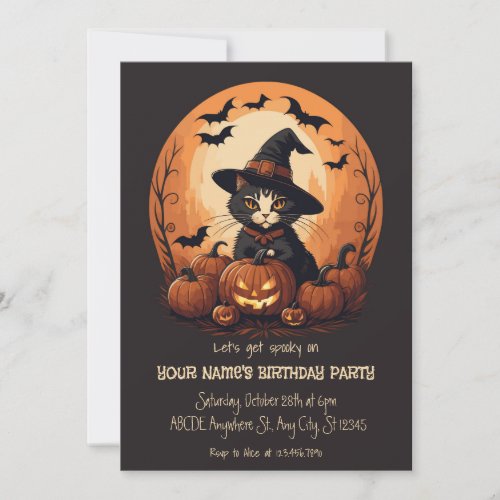 Witch cat halloween birthday invitation