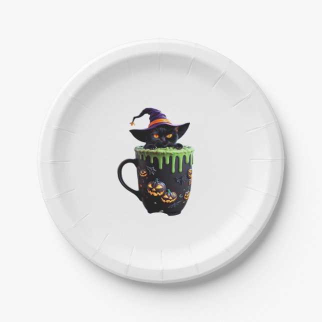 Witch Cat Halloween Coffee Mug – Cute Black Cat wi Paper Plates (Front)