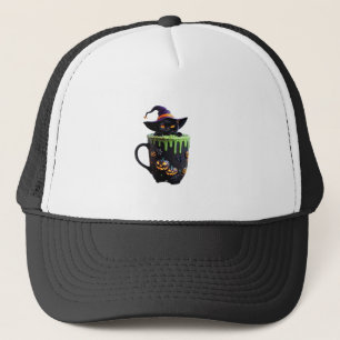 Witch Cat Halloween Coffee Mug  Cute Black Cat wit Trucker Hat