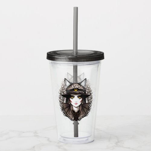 Witch Cat Halloween Creepy Cute Portrait Acrylic Tumbler