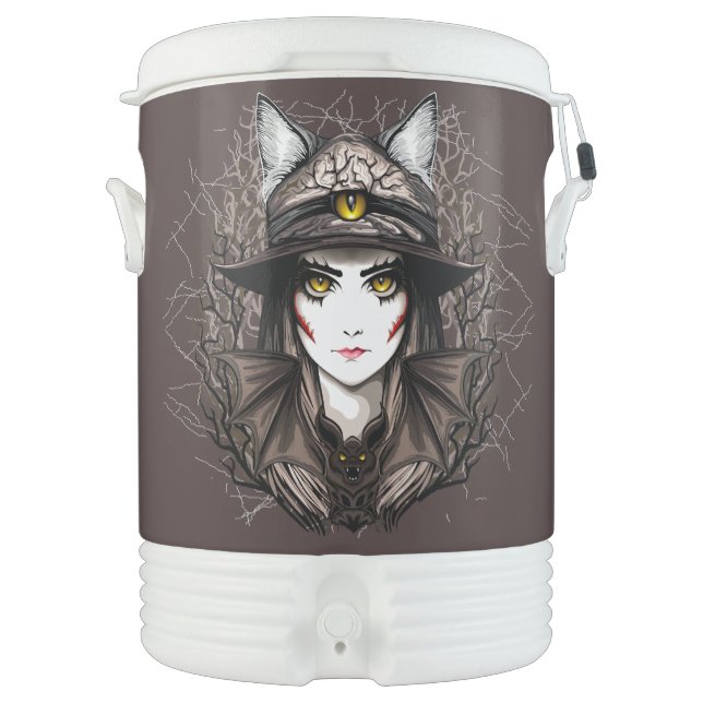 Witch Cat Halloween Creepy Cute Portrait Beverage Cooler (Front)