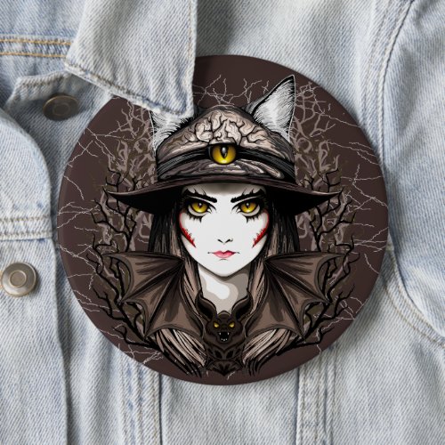 Witch Cat Halloween Creepy Cute Portrait Button