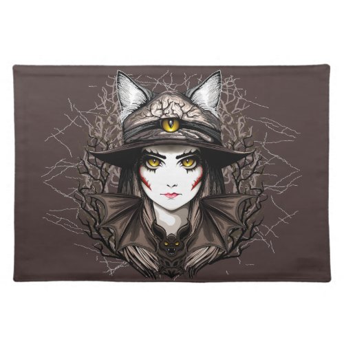 Witch Cat Halloween Creepy Cute Portrait Cloth Placemat