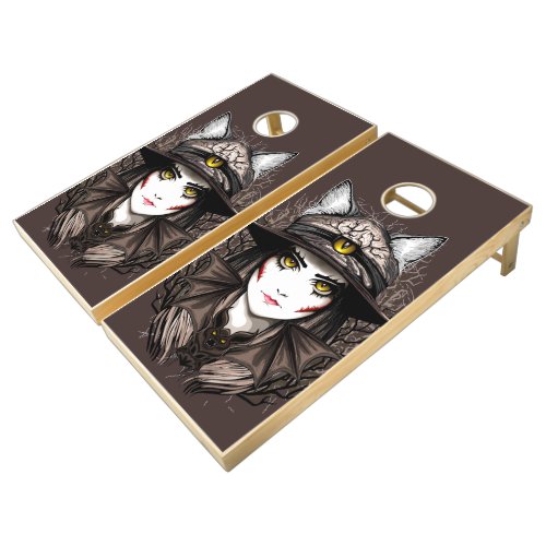 Witch Cat Halloween Creepy Cute Portrait Cornhole Set