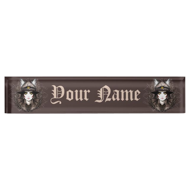 Witch Cat Halloween Creepy Cute Portrait Desk Name Plate (Front)