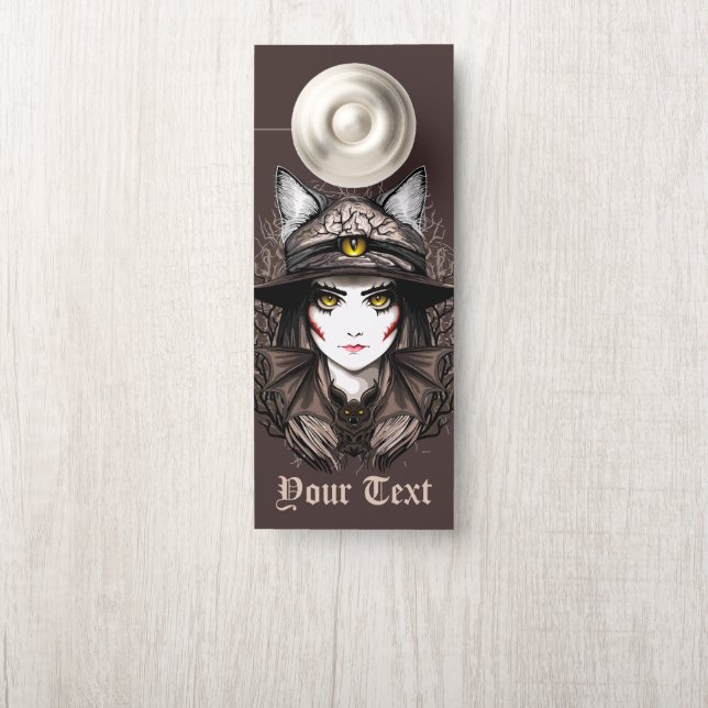 Witch Cat Halloween Creepy Cute Portrait Door Hanger (On Knob)