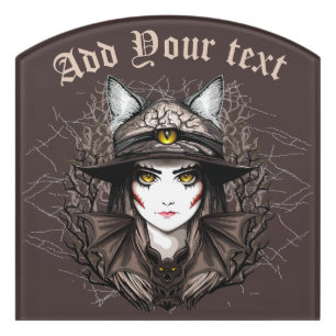 Witch Cat Halloween Creepy Cute Portrait Door Sign
