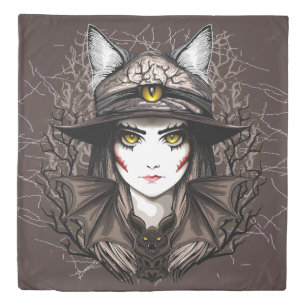 Witch Cat Halloween Creepy Cute Portrait Duvet Cover