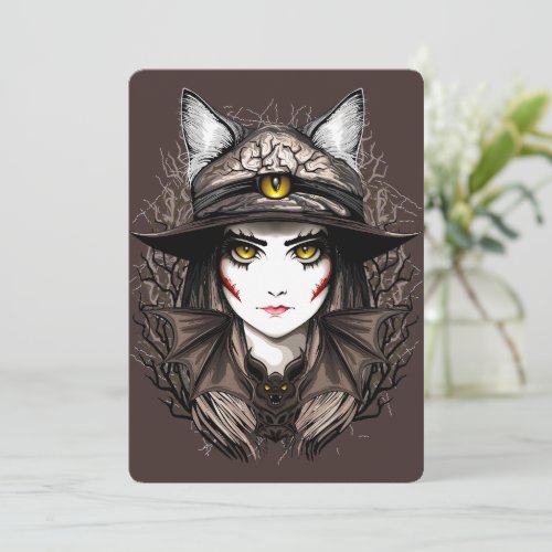 Witch Cat Halloween Creepy Cute Portrait Invitation