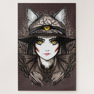 Witch Cat Halloween Creepy Cute Portrait Jigsaw Puzzle