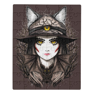 Witch Cat Halloween Creepy Cute Portrait Jigsaw Puzzle