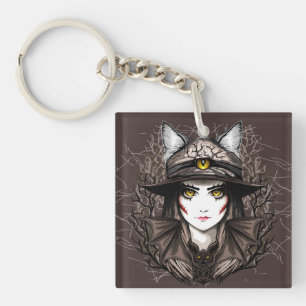 Witch Cat Halloween Creepy Cute Portrait Keychain