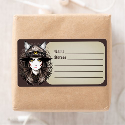 Witch Cat Halloween Creepy Cute Portrait Label