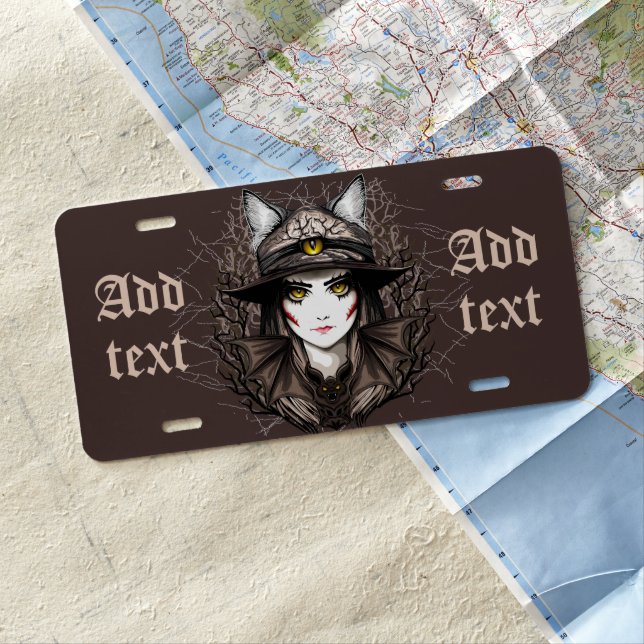 Witch Cat Halloween Creepy Cute Portrait License Plate (In Situ)