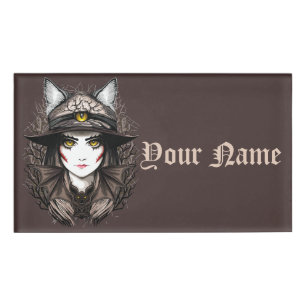 Witch Cat Halloween Creepy Cute Portrait Name Tag
