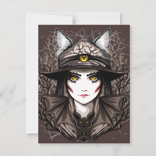 Witch Cat Halloween Creepy Cute Portrait RSVP Card