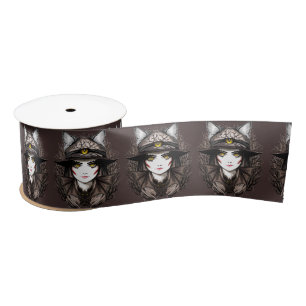 Witch Cat Halloween Creepy Cute Portrait Satin Ribbon